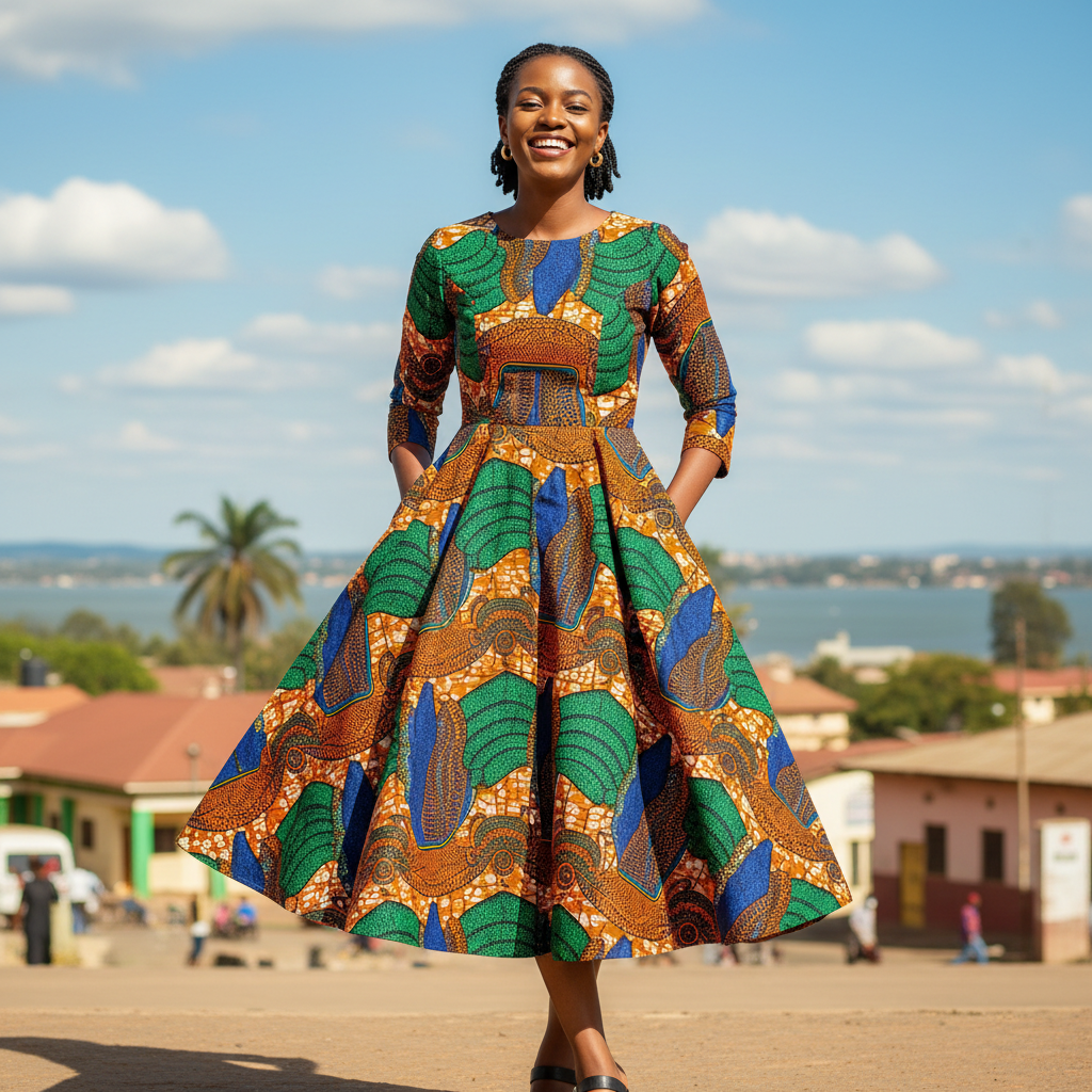 Elegant Ladies Ankara Midi Dress with Pockets Size M | KSh…